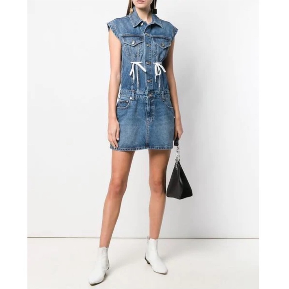 PSWL Proenza Schouler White Label Denim Mini Dress Cap Sleeve Tie Detail S